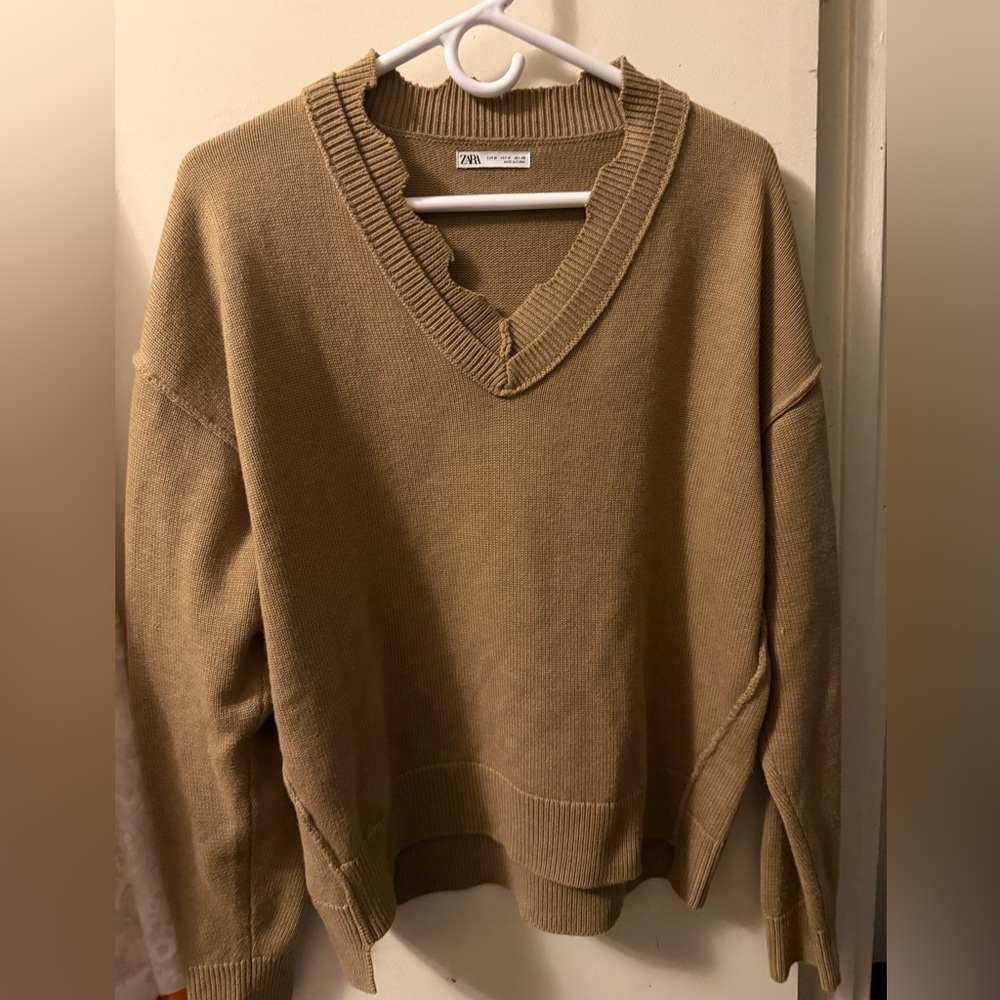 Raw Edged V-Neck Sweater in Warm Tan